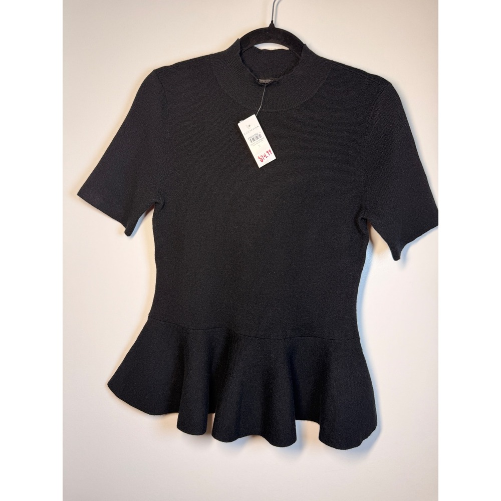 Ann Taylor Peplum Sweater Women S Black NWT Mock Neck Short Sleeve Knit Top